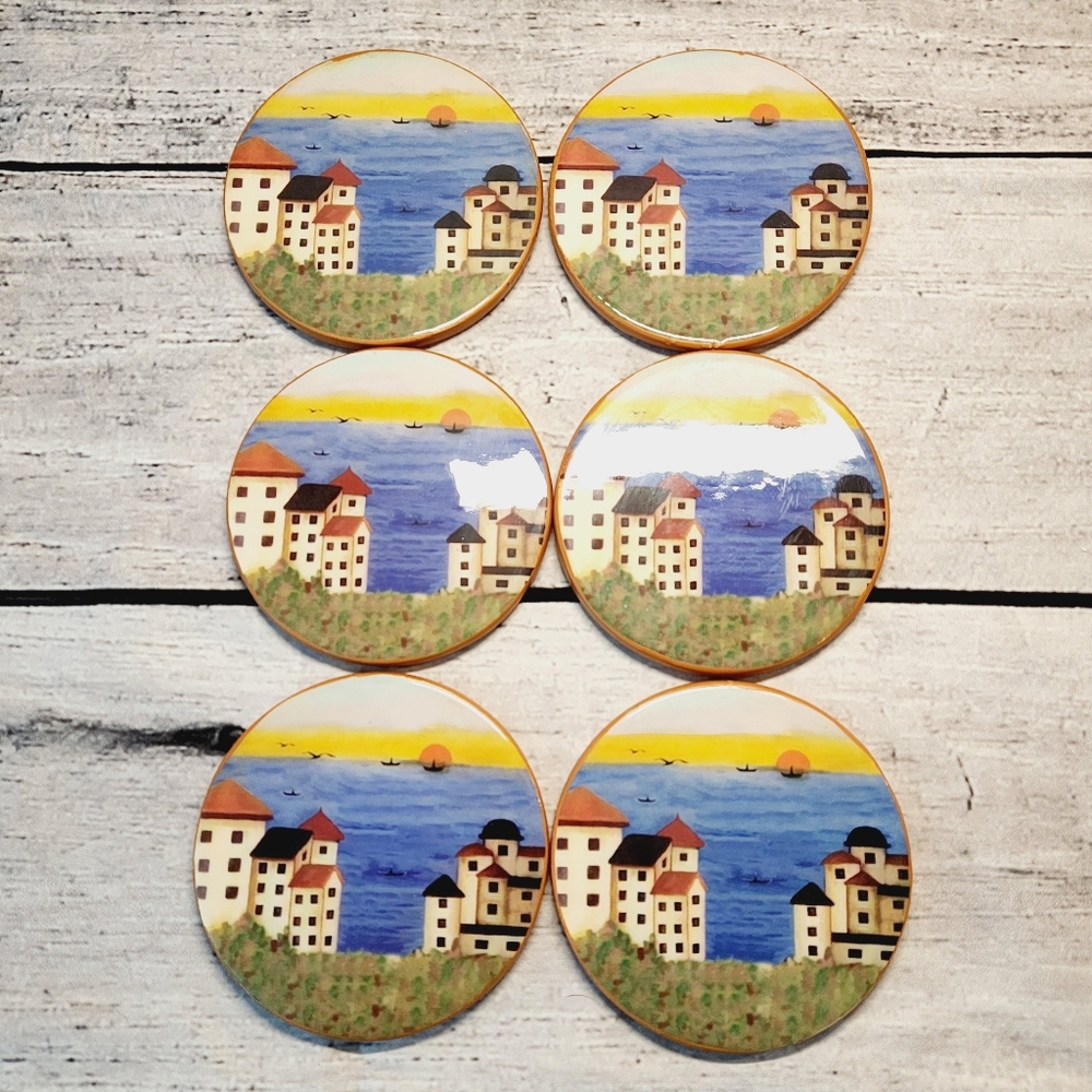 New 6 Piece Caost Coasters Set Coastal Sea Ocean 4" in diameter